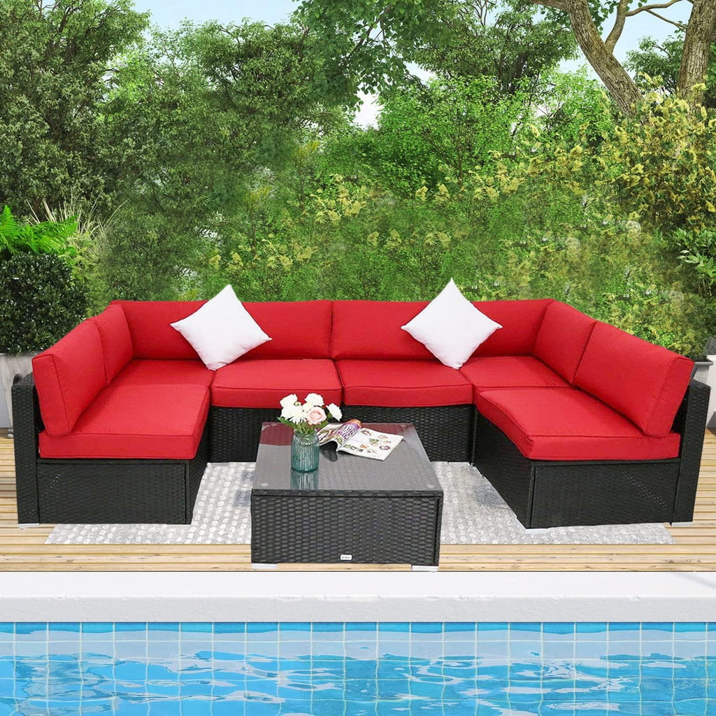 7pcs Outdoor Patio Furniture Sectional Pe Rattan Sofa Set with Red Cushions T15045