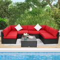 7pcs Outdoor Patio Furniture Sectional Pe Rattan Sofa Set with Red Cushions T15045