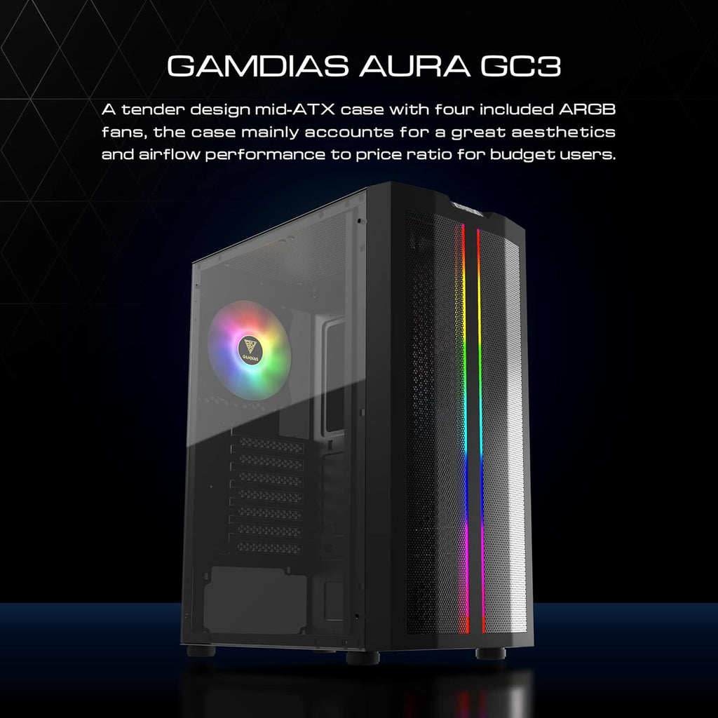 ATX Mid Tower Gaming Computer PC Case with Side Tempered Glass and 120mm ARGB Case Fans R122174
