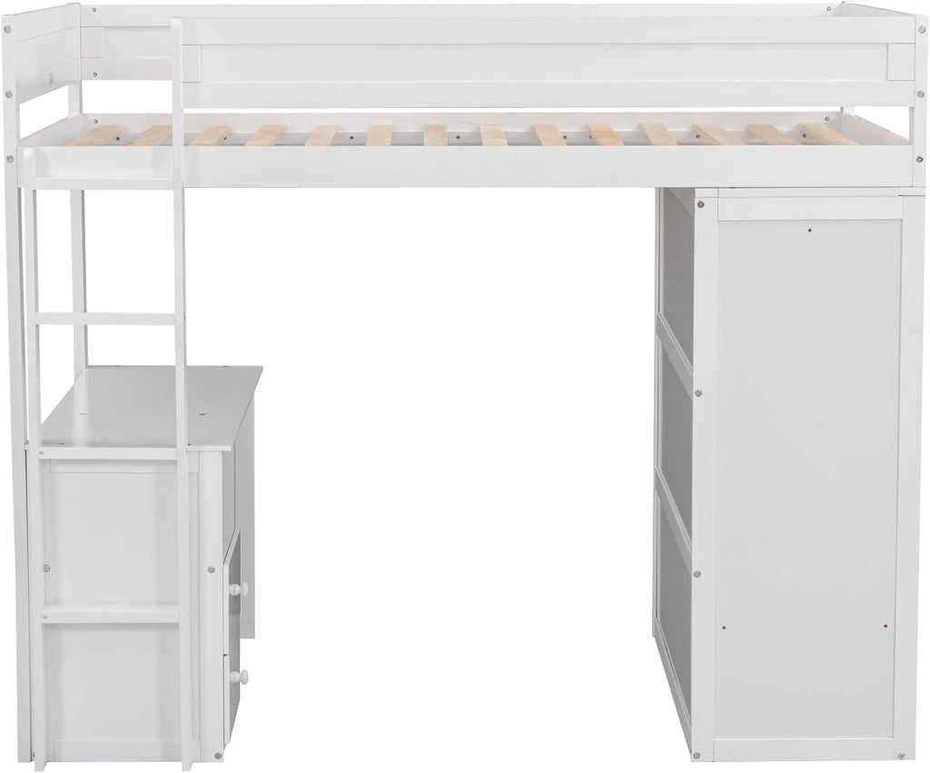 White Wooden Twin Size Loft Bed with Desk and Wardrobe T6834