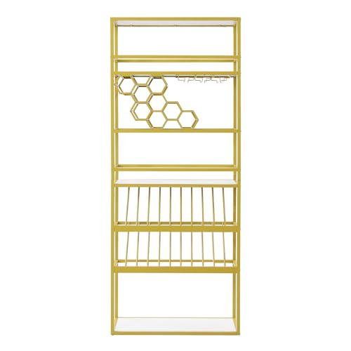 Gold 6 Tier Freestanding Wine Rack with Glass Holder and Storage Shelves X5652