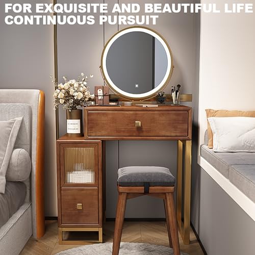 Wooden Vanity Desk with Mirror and Lights and Drawers with Cushioned Stool R27633