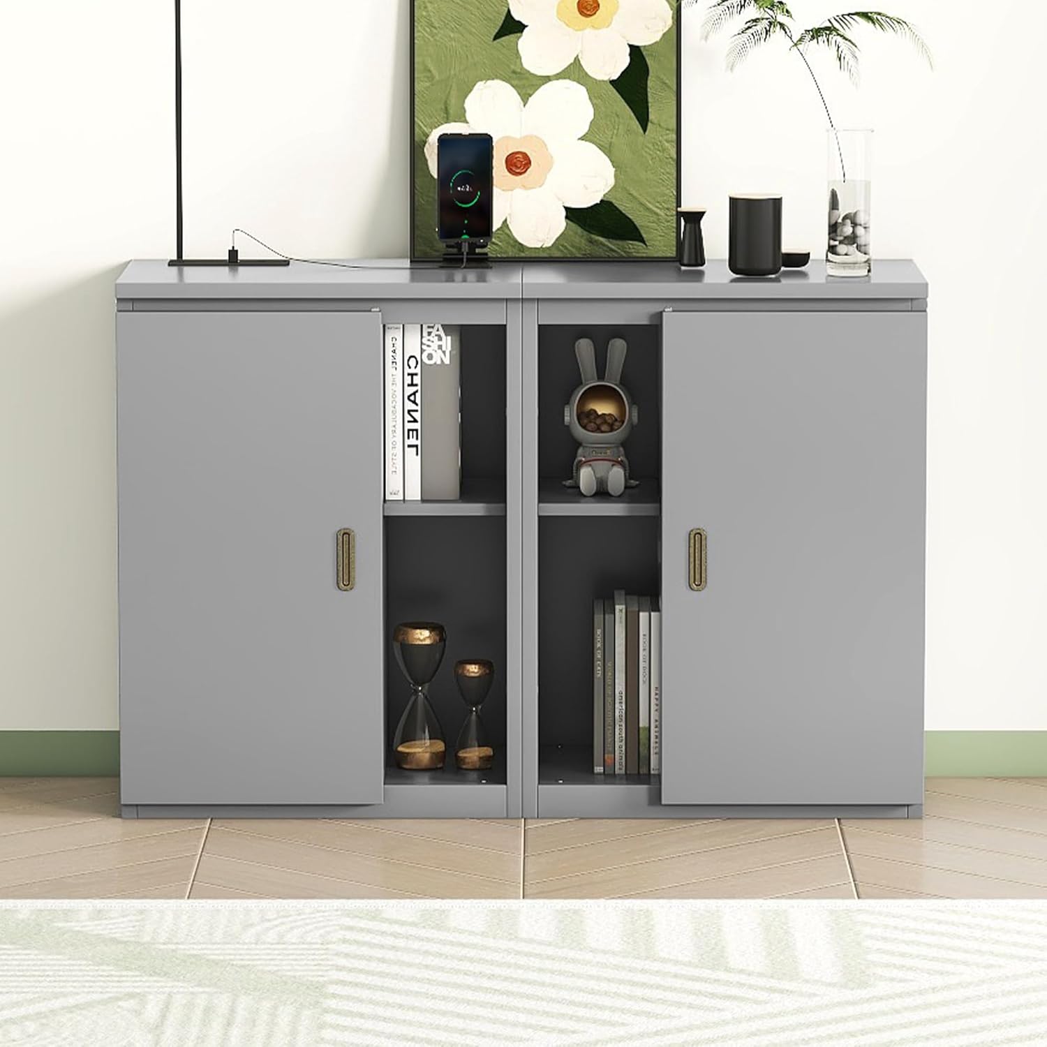 Queen Size Murphy Bed with Shelves, Cabinets and USB Ports, Gray Q16087