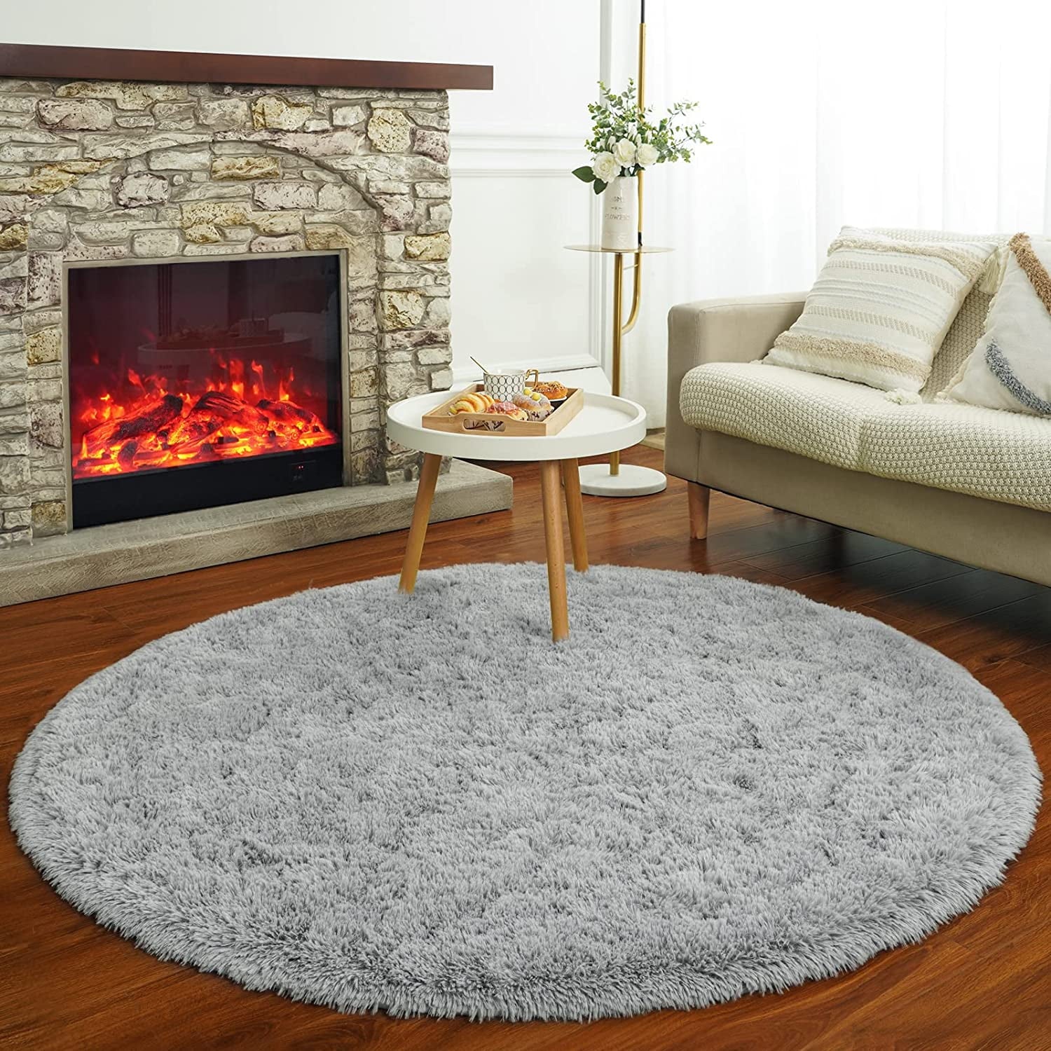 Gray Round Fluffy Shaggy Area Rug 5'x5' A456