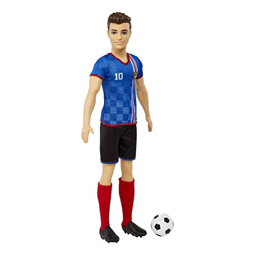 Ken Fashion Doll with Short Cropped Hair, Uniform, Tall Socks, Cleats & Ball D14055
