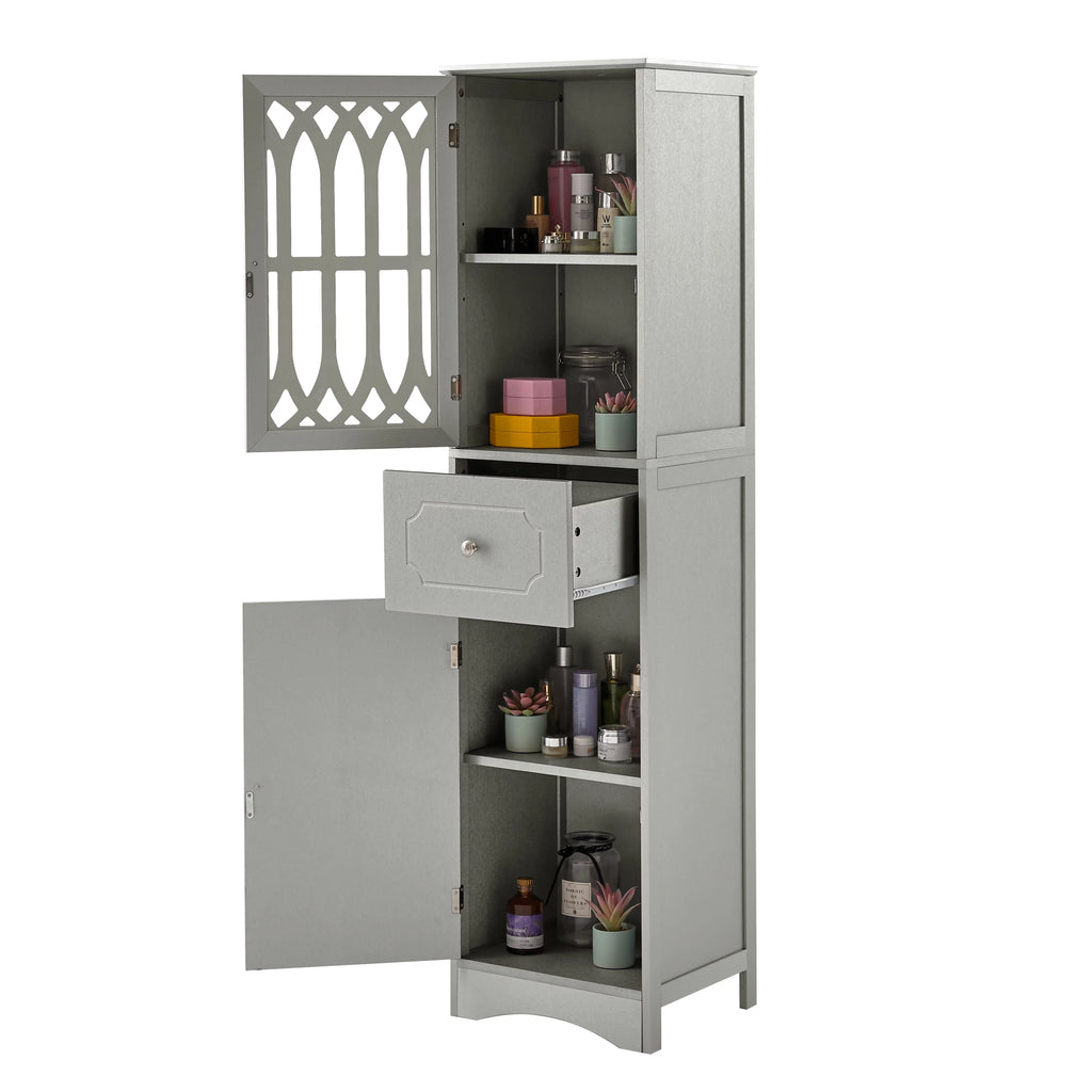 Tall Bathroom Storage Cabinet with Doors Drawers Wood Floor Freestanding Organizer S24252