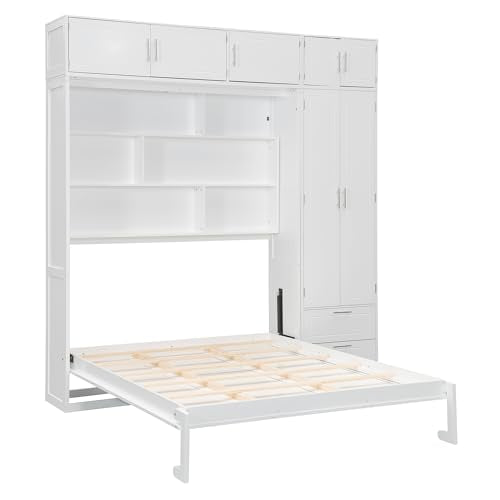White Queen Size Murphy Bed with Shelves and Wardrobe P38948