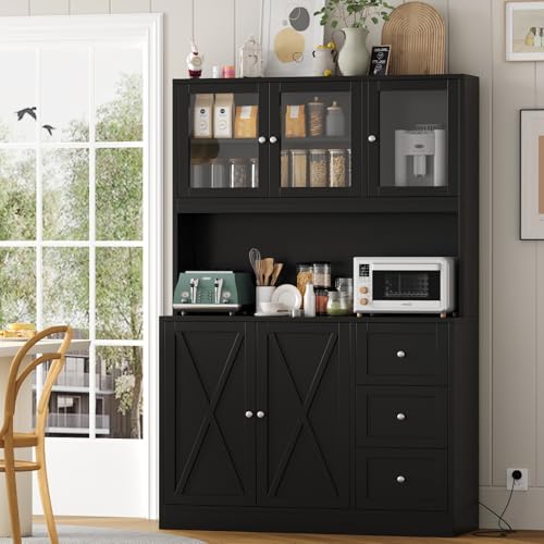 Natural Tall Kitchen Pantry Cabinet with Drawer and Glass Doors G7400