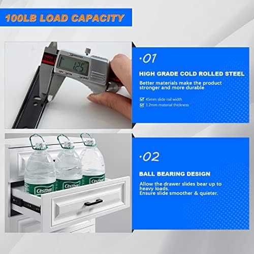 1 Pair Full Extension Drawer Slides 100 lb Load Capacity Side Mount Ball Bearing Rails P440388