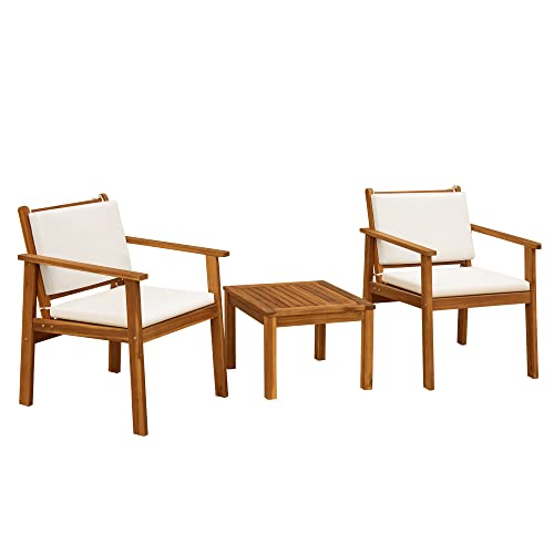 3 Piece Acacia Wood Patio Chairs with Coffee Table & Cushions I114340