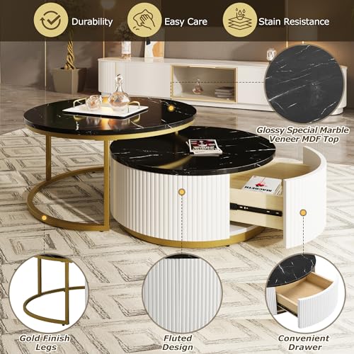 White Gold Round Nesting Coffee Table with Drawer P474489