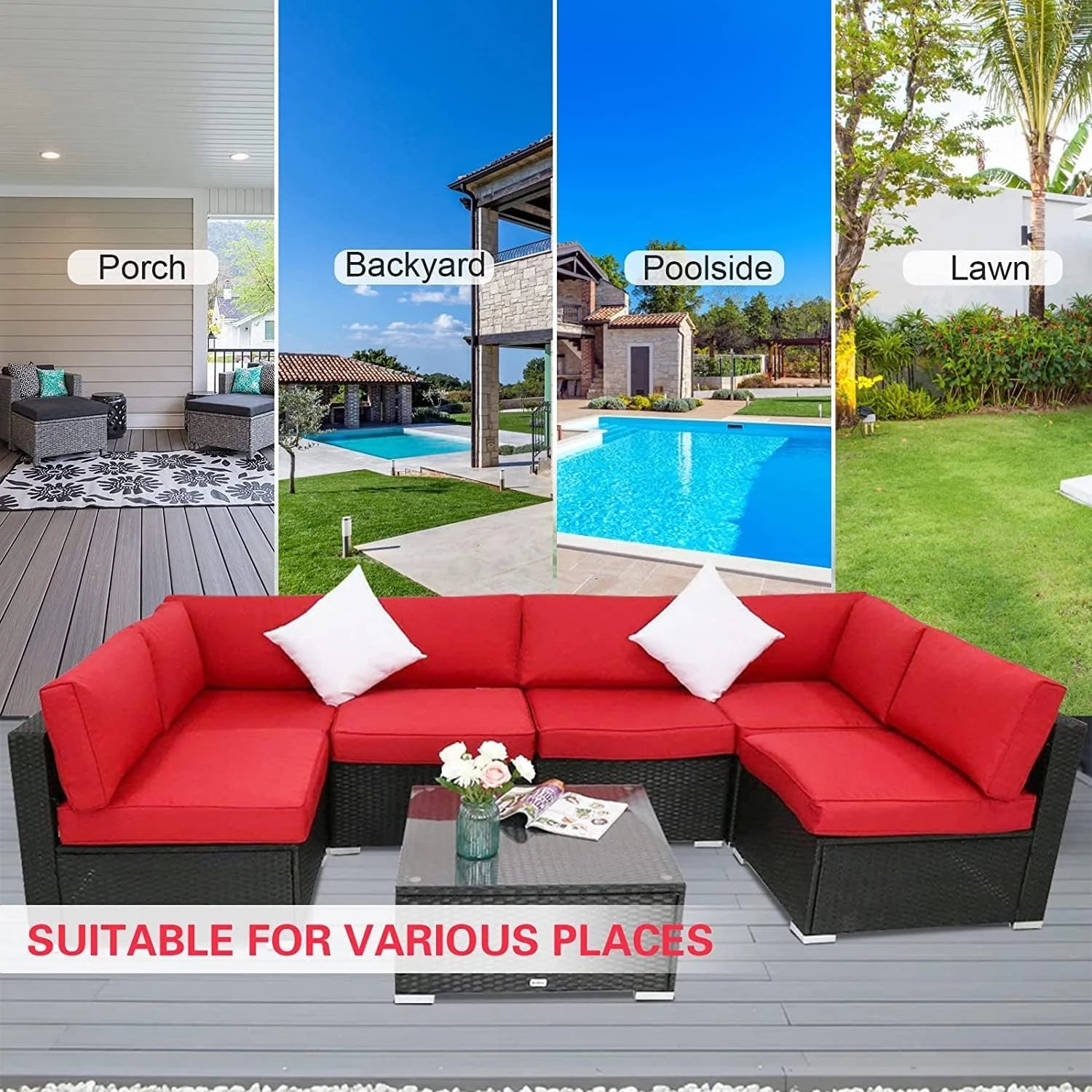 7pcs Outdoor Patio Furniture Sectional Pe Rattan Sofa Set with Red Cushions T15045