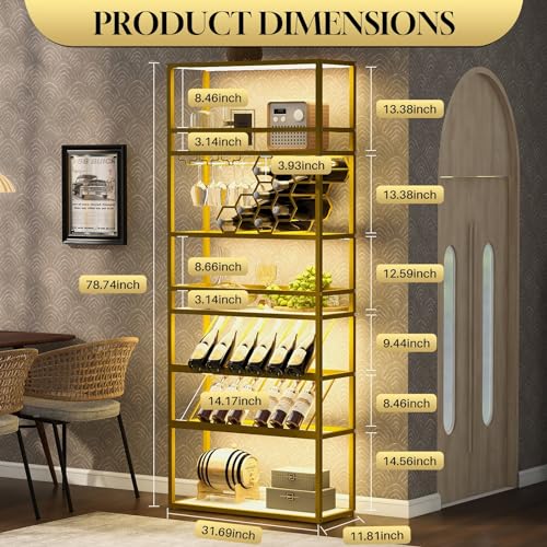 Gold 6 Tier Freestanding Wine Rack with Glass Holder and Storage Shelves X5652