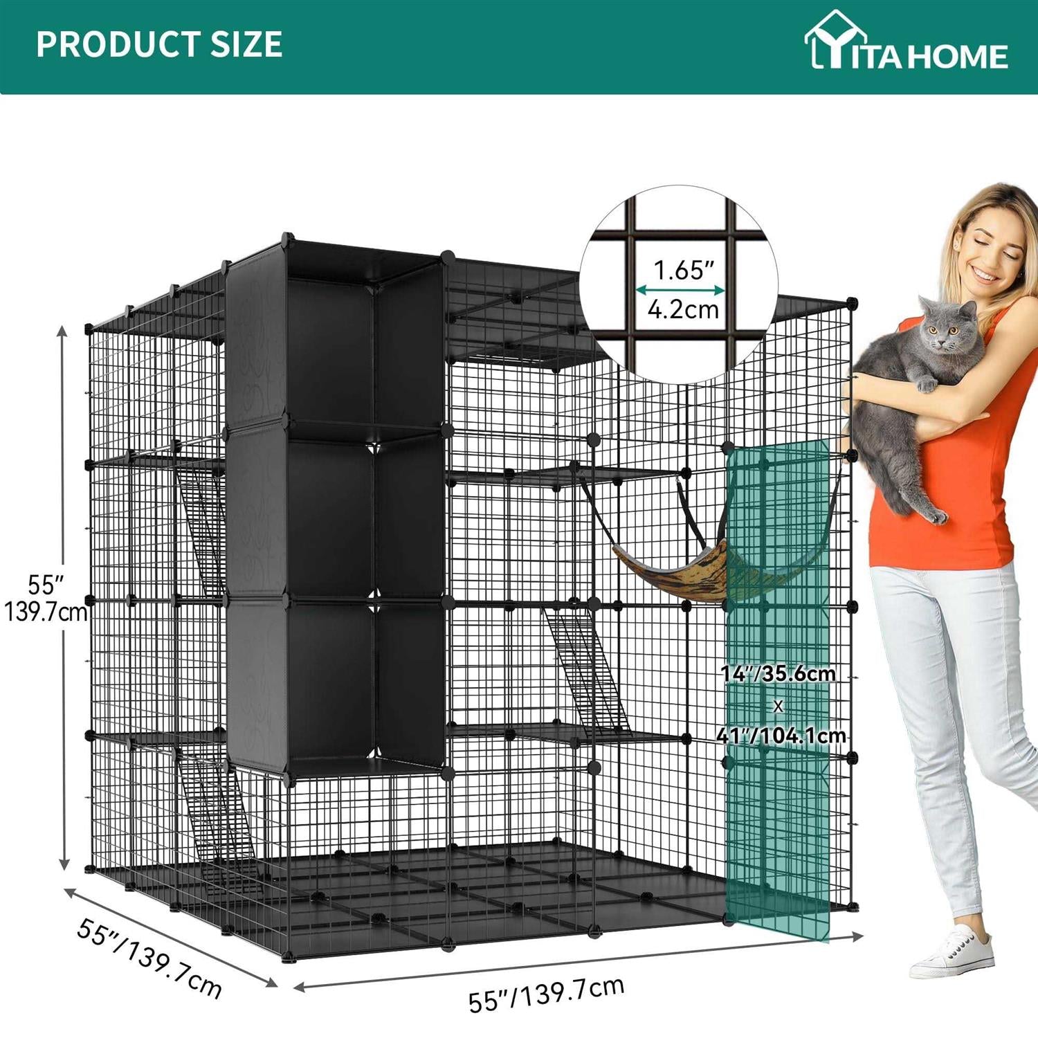 Cat Cage Indoor Large with Storage Cube DIY Catio Cat Enclosures Metal Cat Playpen with Hammock L26439