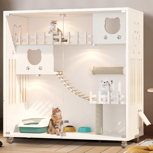 Grey Wooden Cat Condo with Scratching Post, 50" X 48" X 24" U594