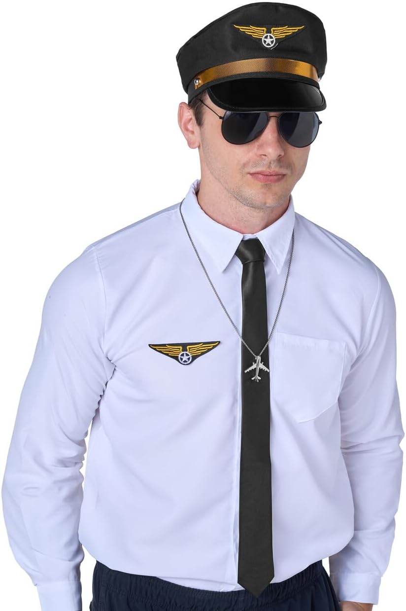 5 PCS Pilot Costume Kit with Sunglasses, Tie, Hat, Wings Patch and Necklace I308749
