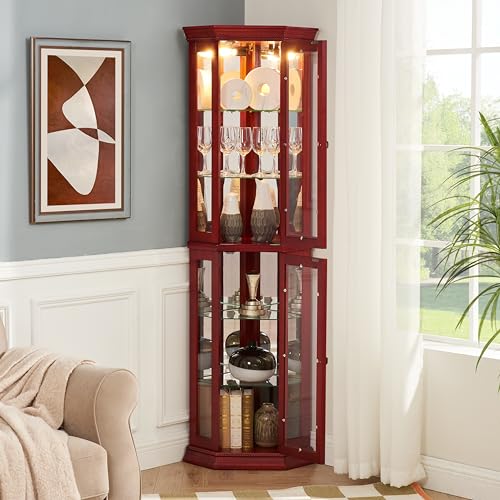 Corner Curio Cabinet Lighted Display with Glass Doors & 4 Adjustable Glass Shelves Z22947