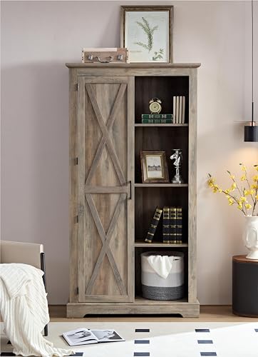 Gray Wash Tall Storage Cabinet with Doors and Open Shelves F286