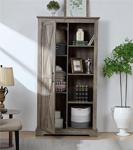Gray Wash Tall Storage Cabinet with Doors and Open Shelves F286