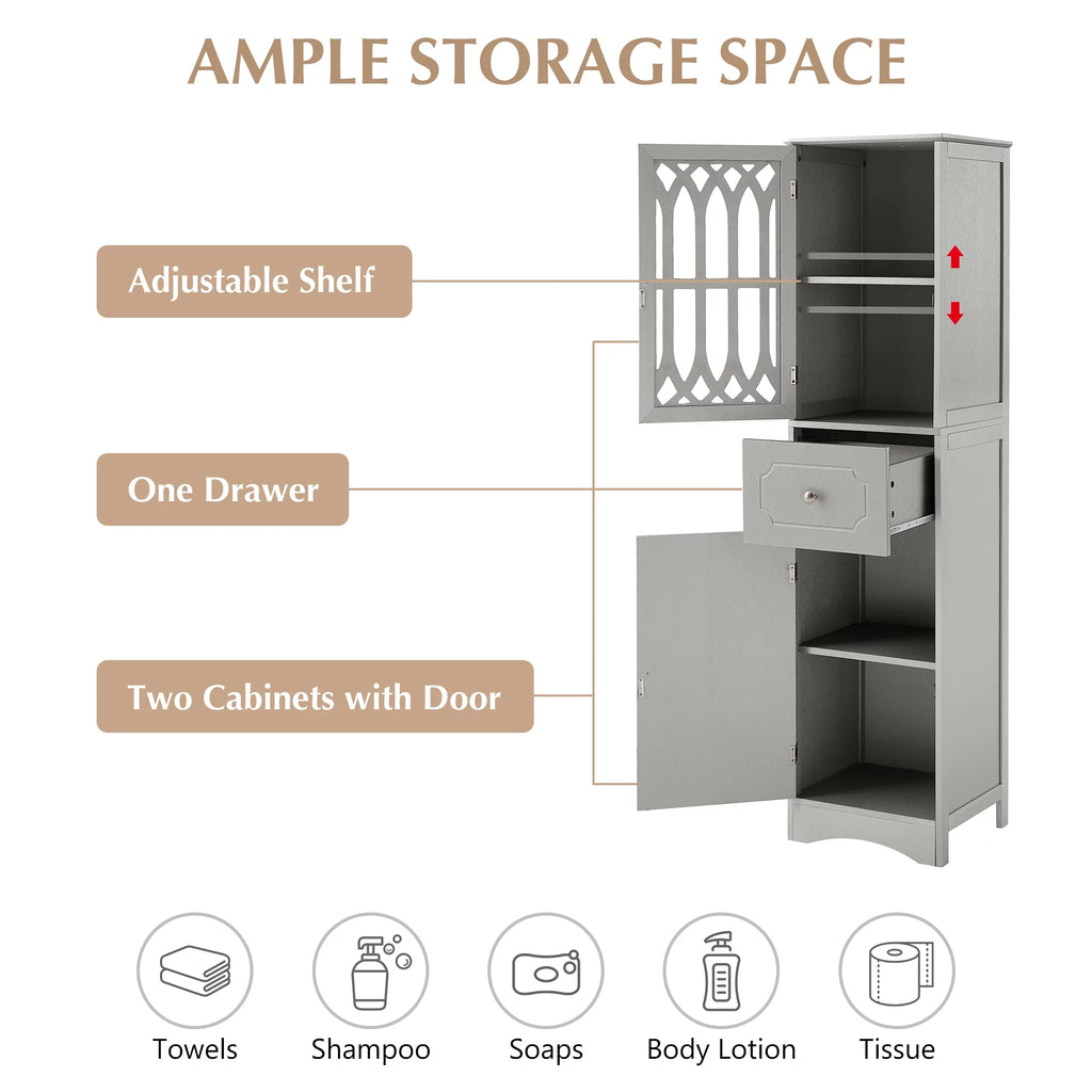 Tall Bathroom Storage Cabinet with Doors Drawers Wood Floor Freestanding Organizer S24252