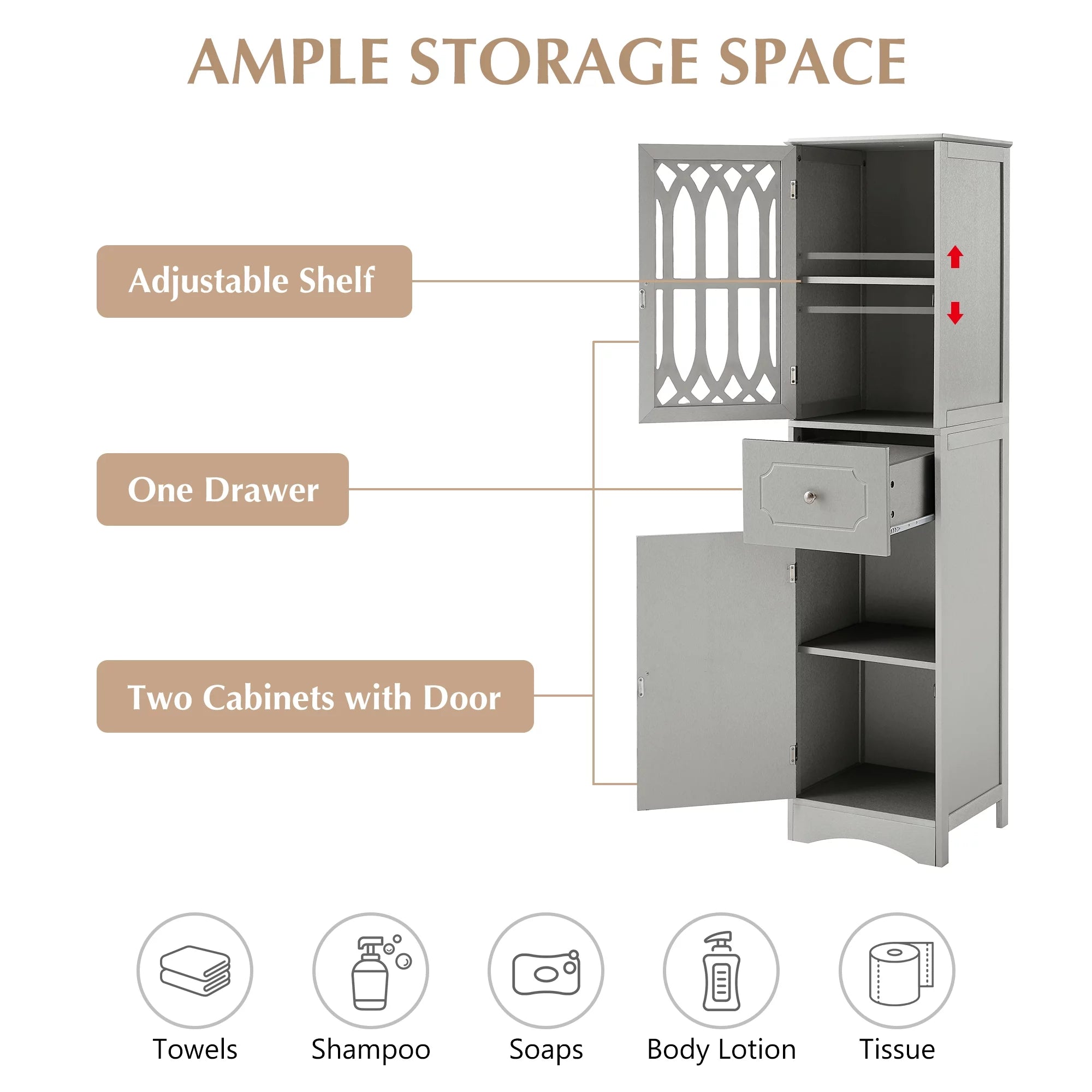 Tall Bathroom Storage Cabinet with Doors Drawers Wood Floor Freestanding Organizer S24252