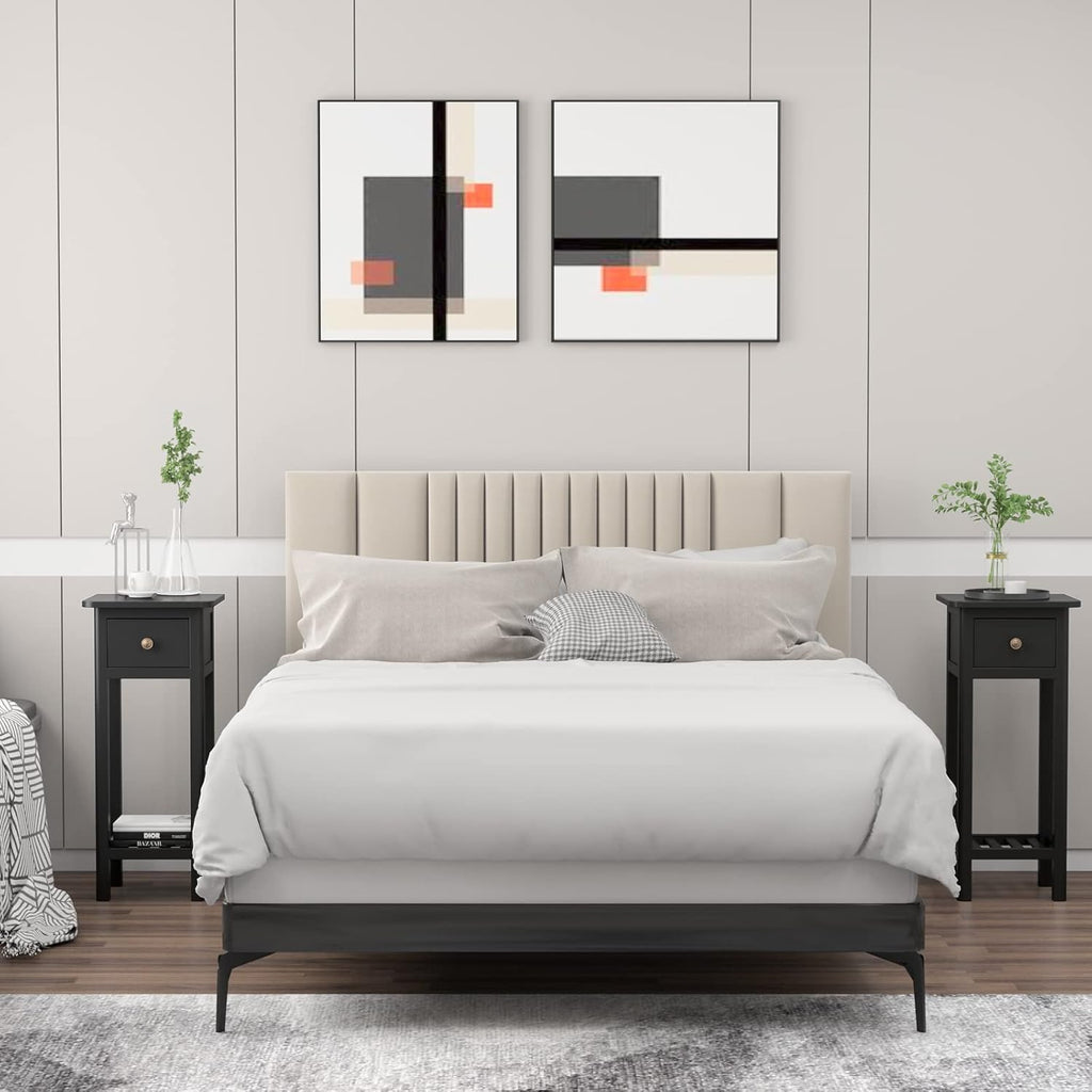 Black Narrow End Table Set of 2 with Drawer & Shelf Q8805