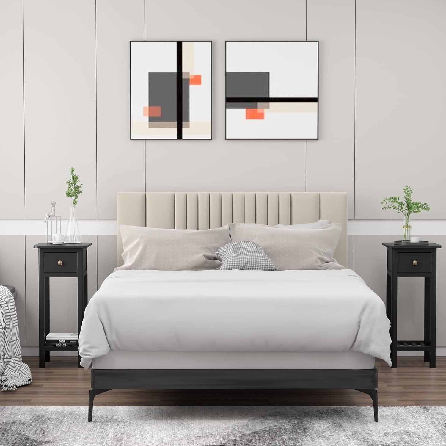 Black Narrow End Table Set of 2 with Drawer & Shelf Q8805