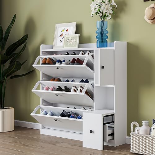 Slim Shoe Storage Cabinet with 3 Flip Drawers, Black B487560