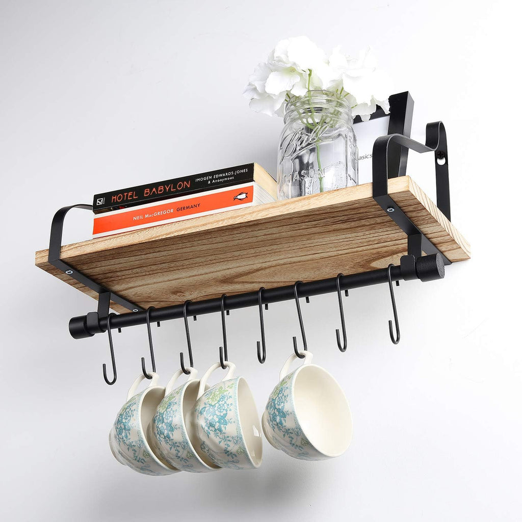 Rustic Wood Shelf with 8 Hooks X620