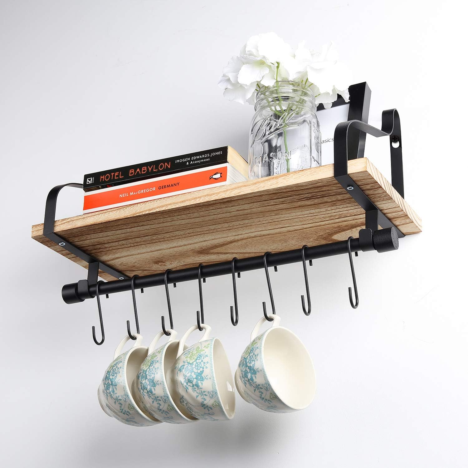 Rustic Wood Shelf with 8 Hooks X620