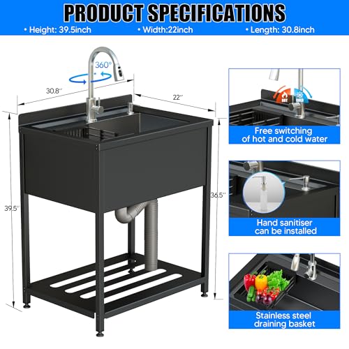 Stainless Steel Utility Sink 36.6" × 24.2" × 36.6" with Cold and Hot Water Faucet and Drain Kit E572