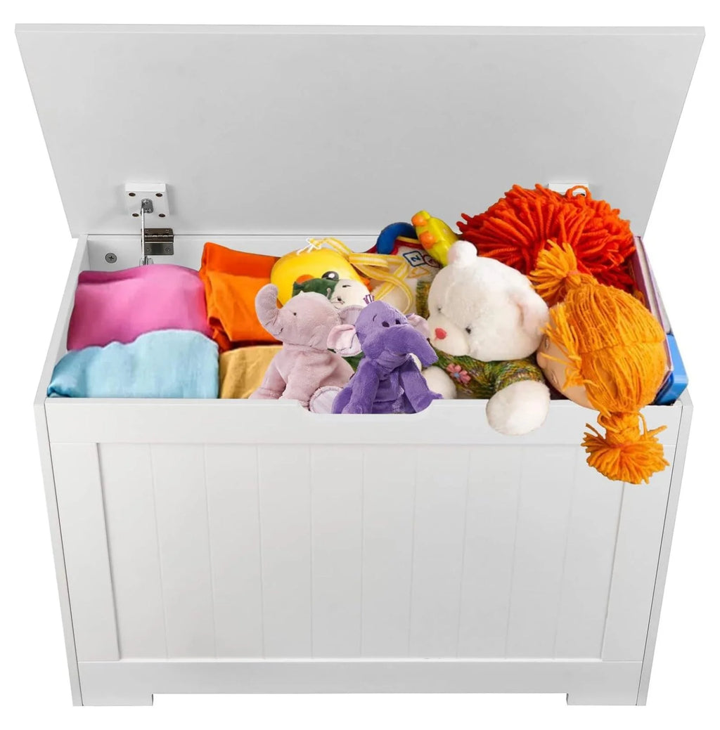 White Wooden Toy Box Storage Chest with 2 Safety Hinges J1425