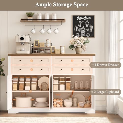 55" Coffee Bar with 4 Large Drawers, Tall Buffet Cabinet with Storage, Adjustable Shelves, Ash Grey H2885