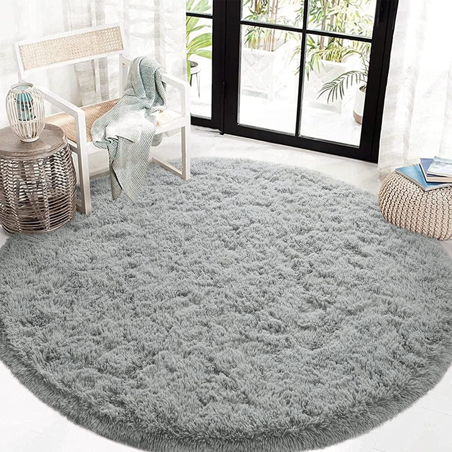 Gray Round Fluffy Shaggy Area Rug 5'x5' A456