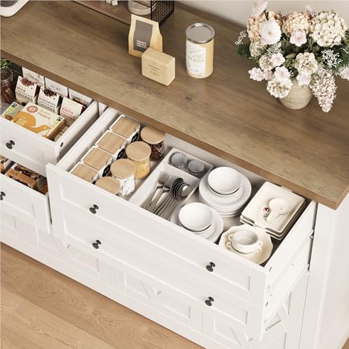 55" Coffee Bar with 4 Large Drawers, Tall Buffet Cabinet with Storage, Adjustable Shelves, Ash Grey H2885