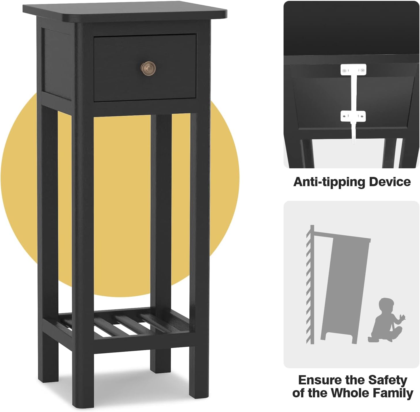 Black Narrow End Table Set of 2 with Drawer & Shelf Q8805