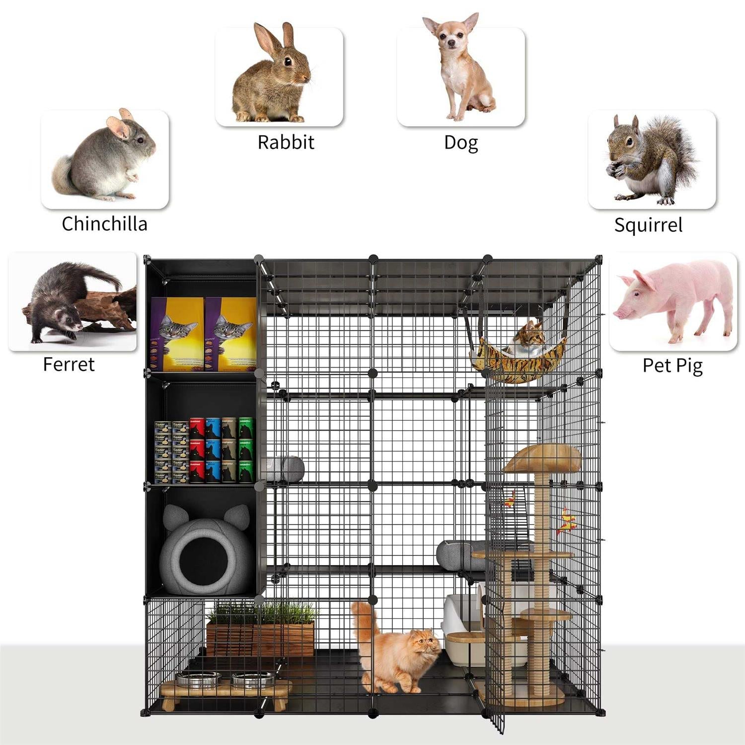 Cat Cage Indoor Large with Storage Cube DIY Catio Cat Enclosures Metal Cat Playpen with Hammock L26439