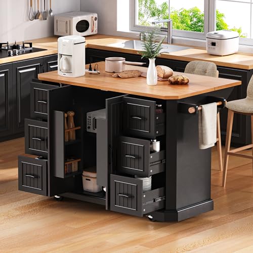 Black Kitchen Island with Drop Leaf, 3 Drawers, Power Outlet Q1280