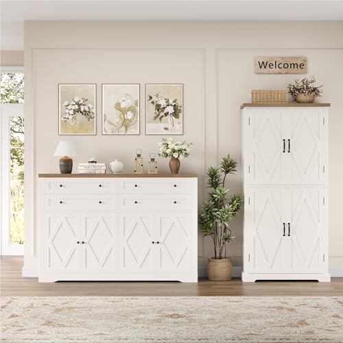 55" Coffee Bar with 4 Large Drawers, Tall Buffet Cabinet with Storage, Adjustable Shelves, Ash Grey H2885
