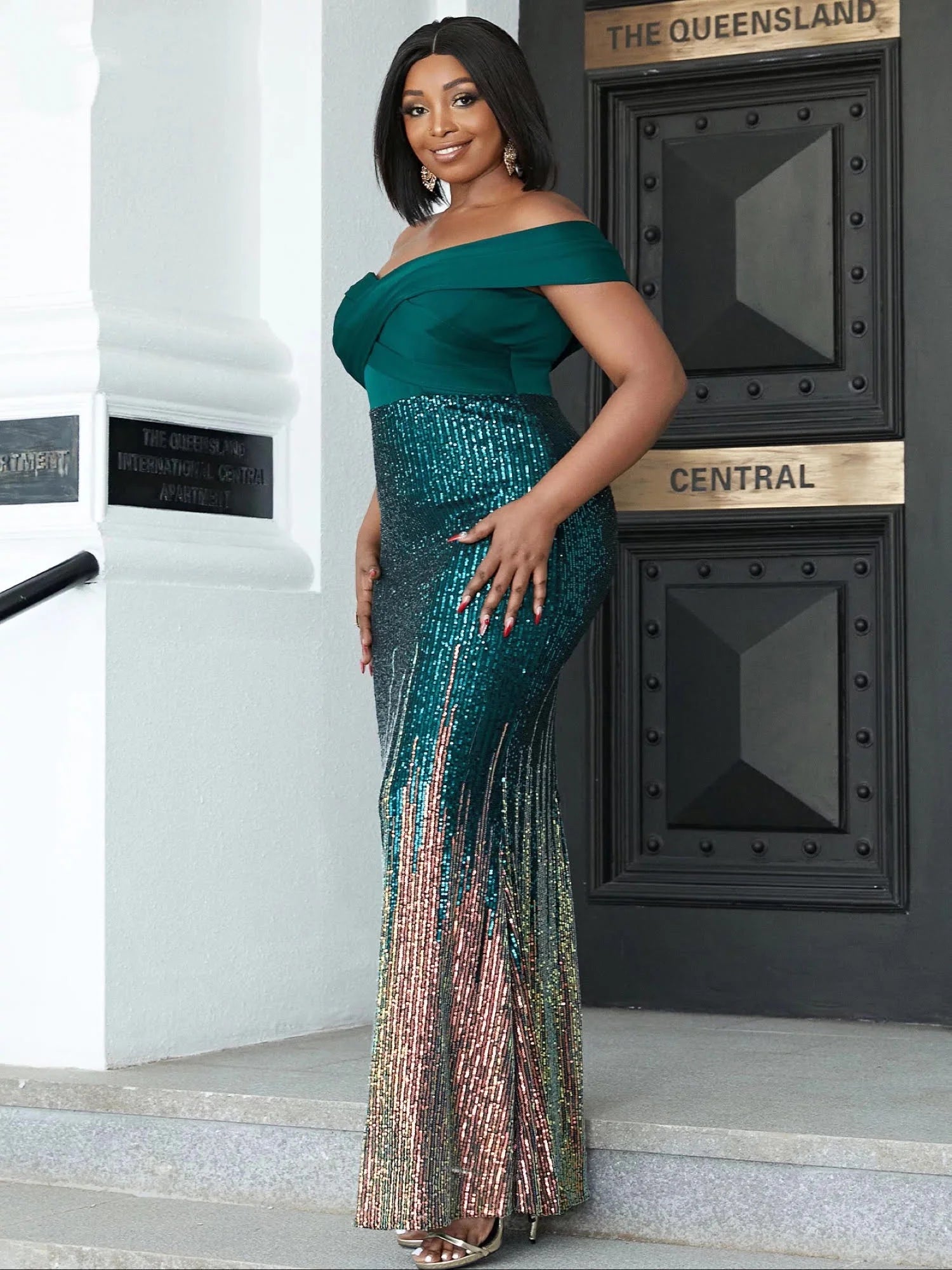 Women off Shoulder Sequin Formal Evening Gowns Plus Size Dress E966