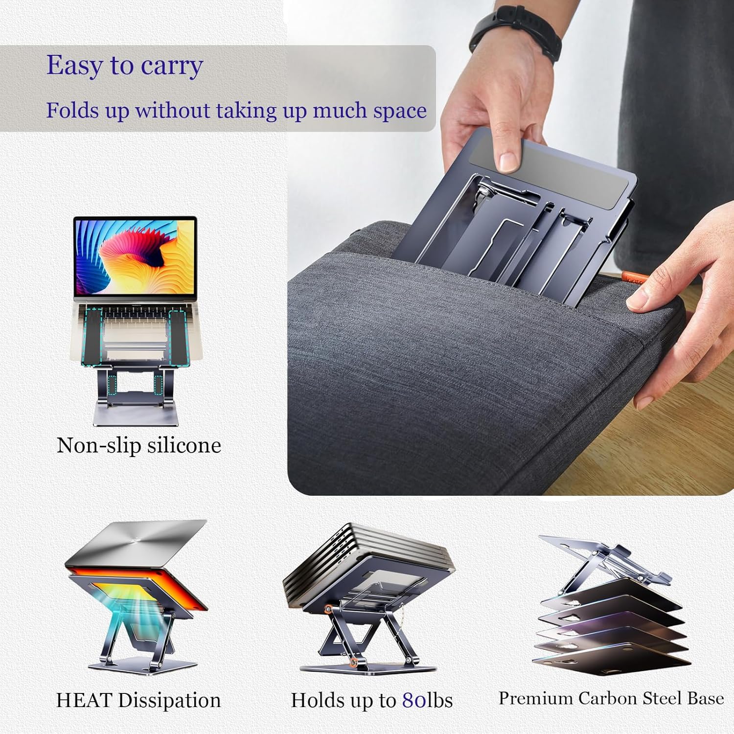 Adjustable Height Laptop Stand with Phone Holder, Foldable Laptop Riser A186