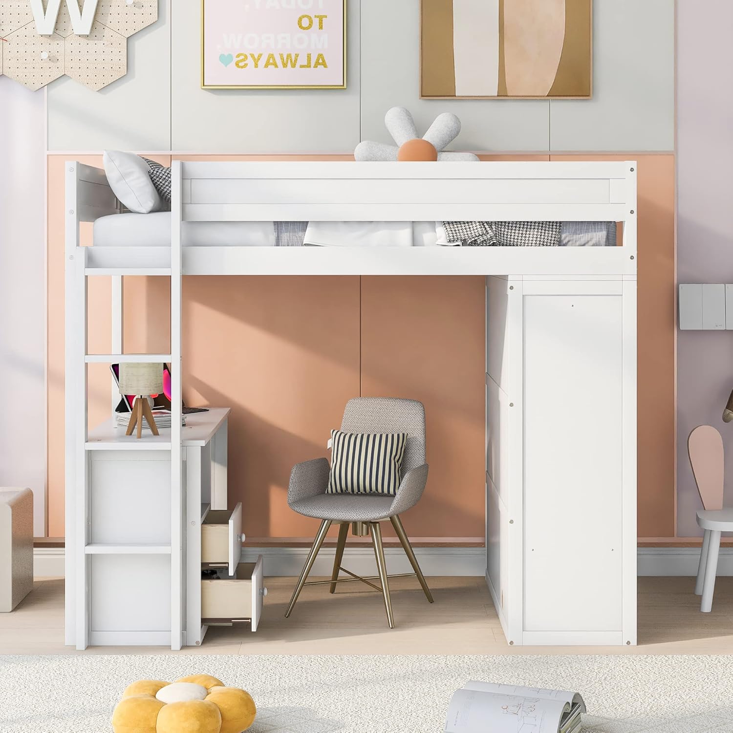 White Wooden Twin Size Loft Bed with Desk and Wardrobe T6834