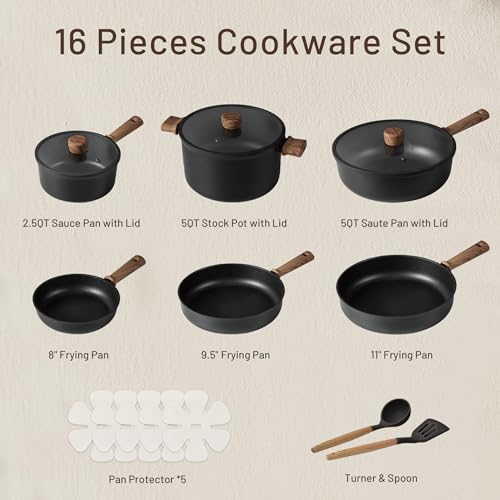 16pcs Non Stick Black Pots and Pans Cookware Set K70636
