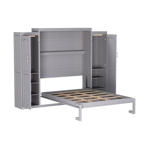 Full Size Murphy Bed with Two Wardrobes and Storage Shelf (White) J647
