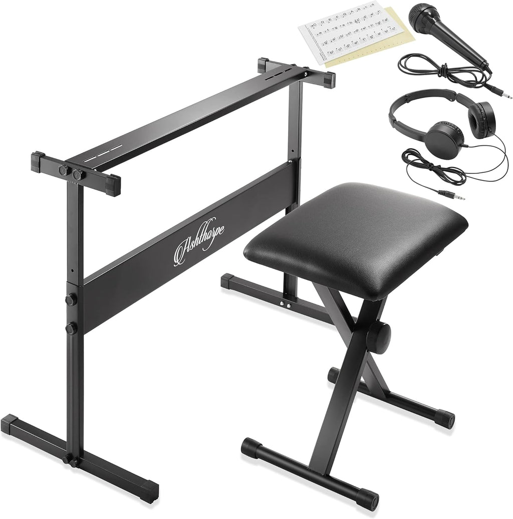 61-Key Digital Electronic Keyboard Piano with Light Up Keys, Stand, Bench, Headphones, Mic and Keynote Stickers K612196