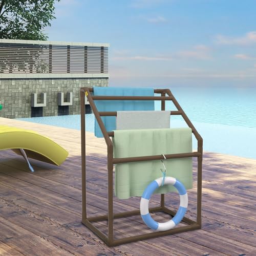 5 Bar Brown Freestanding PVC Pool Towel Rack with 8 Towel Clips L490