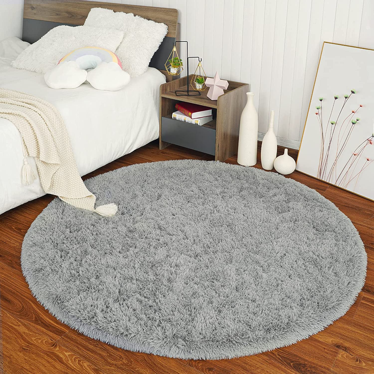 Gray Round Fluffy Shaggy Area Rug 5'x5' A456