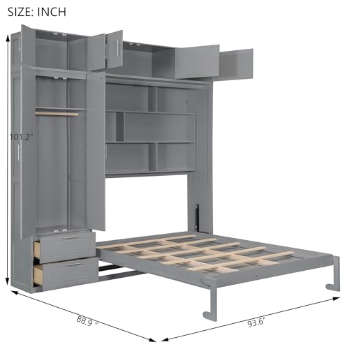 White Queen Size Murphy Bed with Shelves and Wardrobe P38948