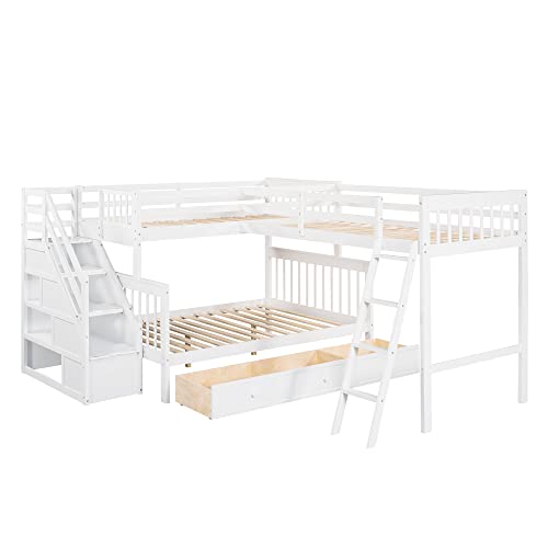 Twin over Full Triple Bunk Bed with Drawers and Stairway, L-Shaped Bunk Bed and Loft Bed Combo with Storage Compartment (Espresso) A737