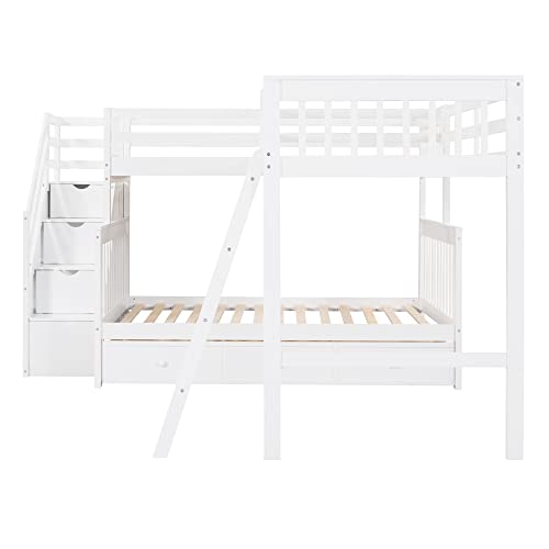 Twin over Full Triple Bunk Bed with Drawers and Stairway, L-Shaped Bunk Bed and Loft Bed Combo with Storage Compartment (Espresso) A737